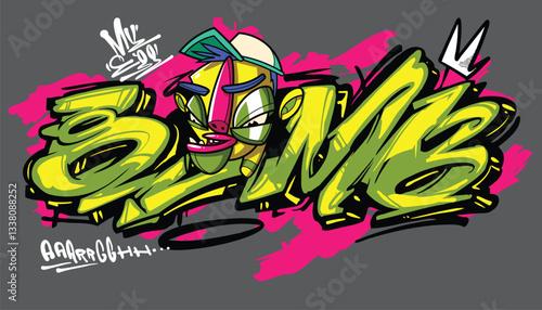 BOMB A vibrant and detailed graffiti-style illustration featuring a cool street art character wearing a snapback, hoodie, and sunglasses. The bold colors and urban aesthetic make this vector artwork p