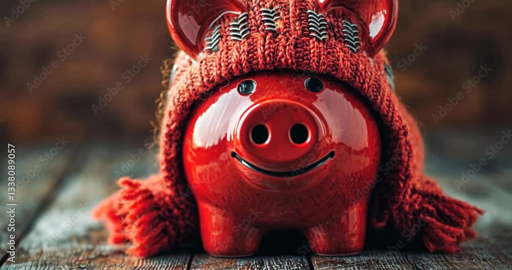 Red Piggy Bank in Warm Winter Hat on Wooden Background Red Piggy Bank in Warm Winter Hat on Wooden Background