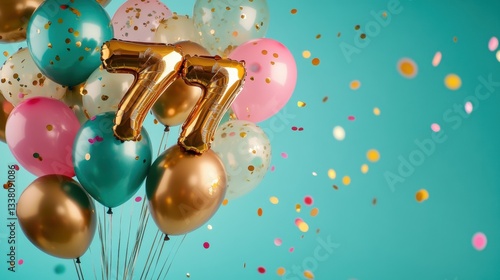 Colorful birthday balloons with golden 77 numbers, festive confetti, celebration theme, joyful party decoration, milestone birthday, vibrant atmosphere.