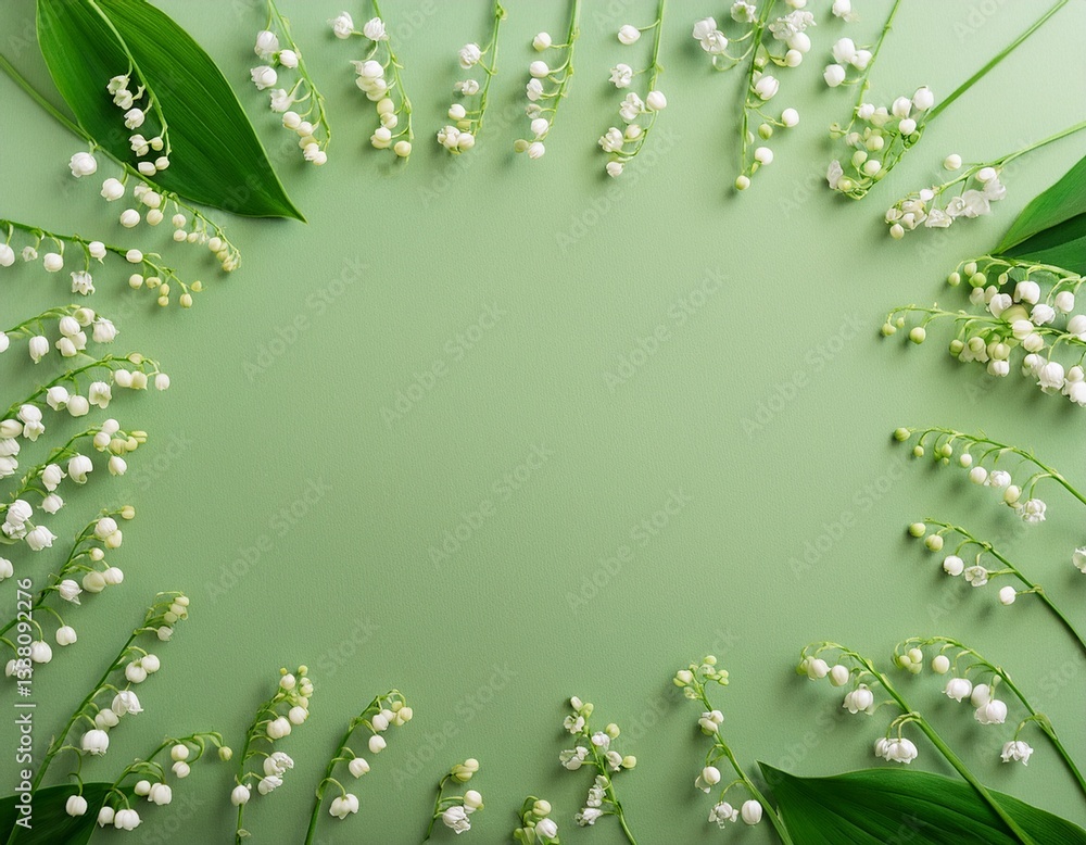 Fototapeta premium Top view of Lily of the valley frame on pale green background with central copy space. Generated image