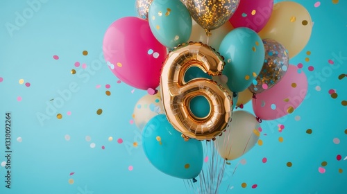 Colorful birthday balloons with gold number 6, festive celebrations, party decorations, fun atmosphere, childrens birthday, confetti, joy, happiness, party supplies.
