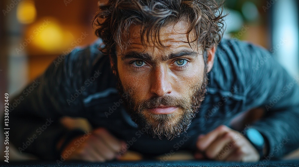 Close-up portrait of a handsome, athletic man with a beard performing a plank exercise. Close-up portrait of a handsome, athletic man with a beard performing a plank exercise.