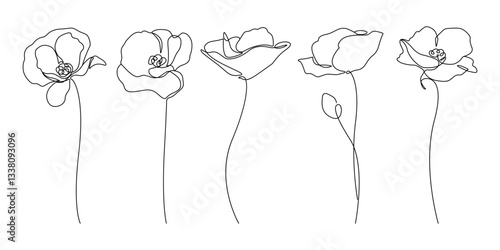 Abstract Poppy Flowers Set Line Art Vector Illustration. Flowers Continuous One Line Drawing. Plants in Hand Drawn Outline Minimalist Style. Botanical Illustration for Card, Banner, Wall Art, Print