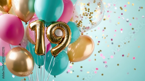 Colorful birthday balloon arrangement with gold number 19, festive confetti, celebration party theme, ideal for teens, birthdays, events, joyful moments.