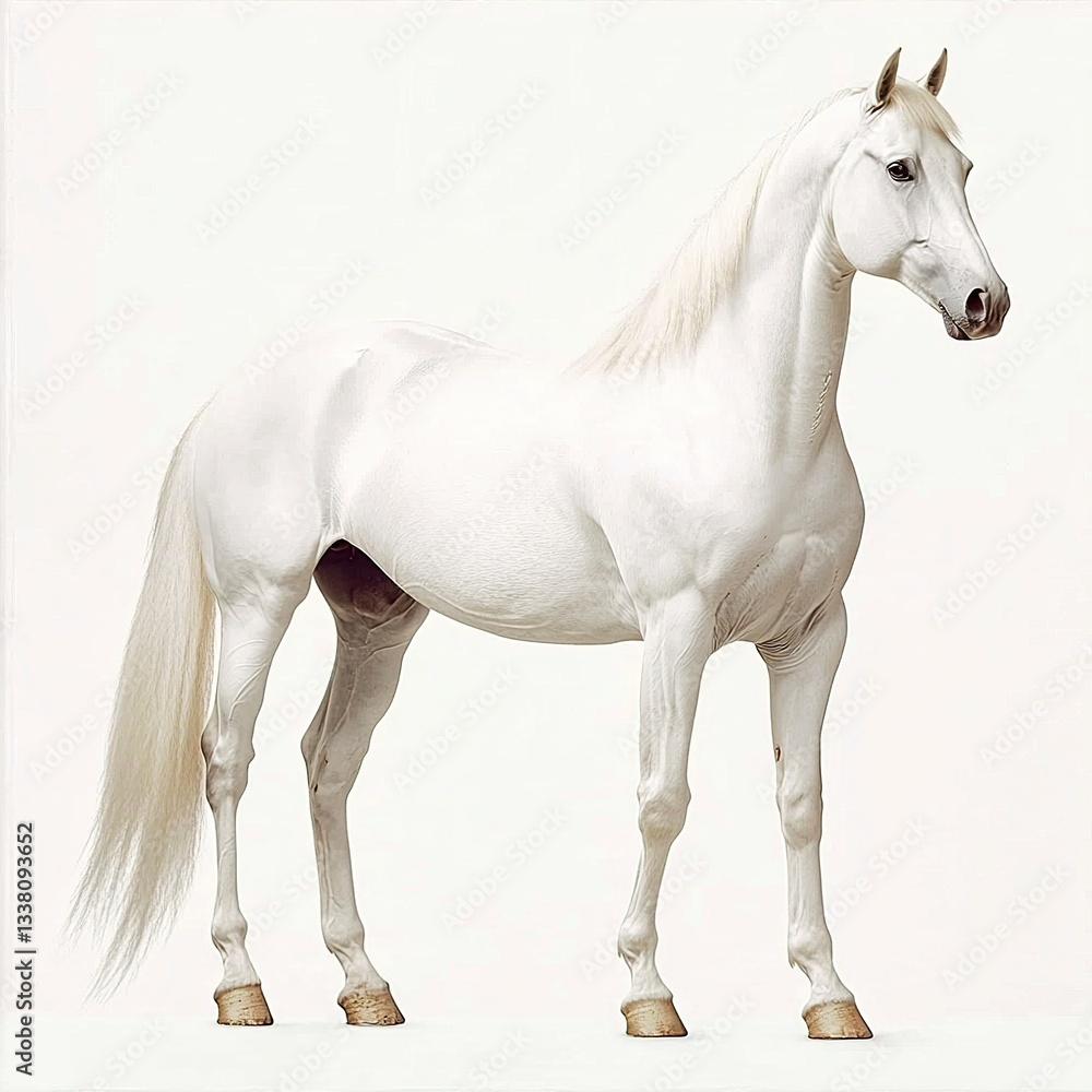 Obraz premium A white stallion standing proudly, glossy mane flowing, studio lighting, full-body shot, side profile, white background.