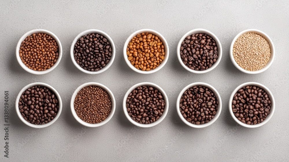 Variety of Coffee Beans and Seeds in Bowls Variety of Coffee Beans and Seeds in Bowls