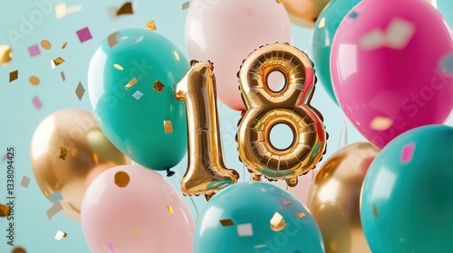 Wallpaper Mural Colorful balloons with golden number 18, confetti celebration for birthday party, festive decorations, vibrant atmosphere, joyful moments, milestone celebration. Torontodigital.ca