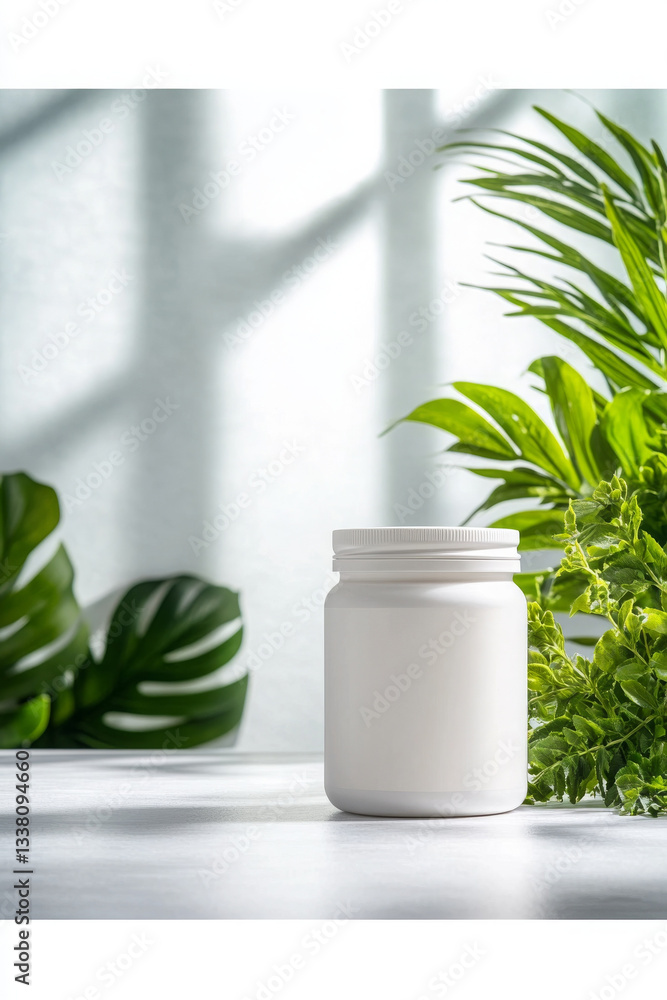 clean, white jar sits elegantly table surrounded by lush green plants, creating serene clean, white jar sits elegantly table surrounded by lush green plants, creating serene