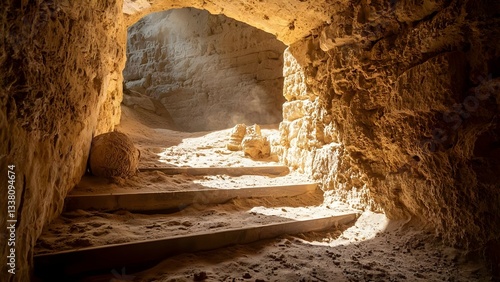 Wallpaper Mural A sandy cave with steps, illuminated by sunlight, and decorated with round stone-like structures. Concept Sandy Cave Exploration, Natural Sunlight Effects, Unique Stone Structures Torontodigital.ca