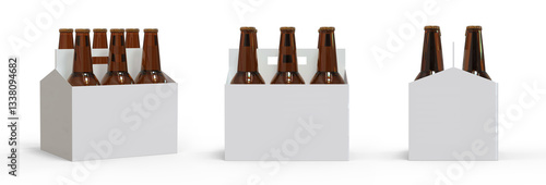 6 pack beer carrier mockup template, six pack of beer bottle kraft packaging holder on white background, 3d illustration.
