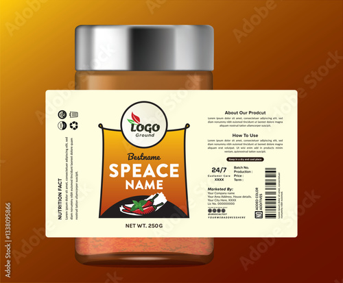 Modern and creative spice jar label design with a bold layout, vibrant colors, and clear typography. Perfect for food packaging, organic brand designed for jars, bottles, or food pouches.