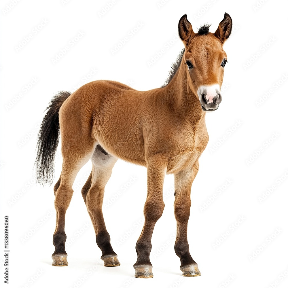 A young foal standing shakily, soft brown coat detailed, natural lighting, full-body shot, white background. A young foal standing shakily, soft brown coat detailed, natural lighting, full-body shot, white background.