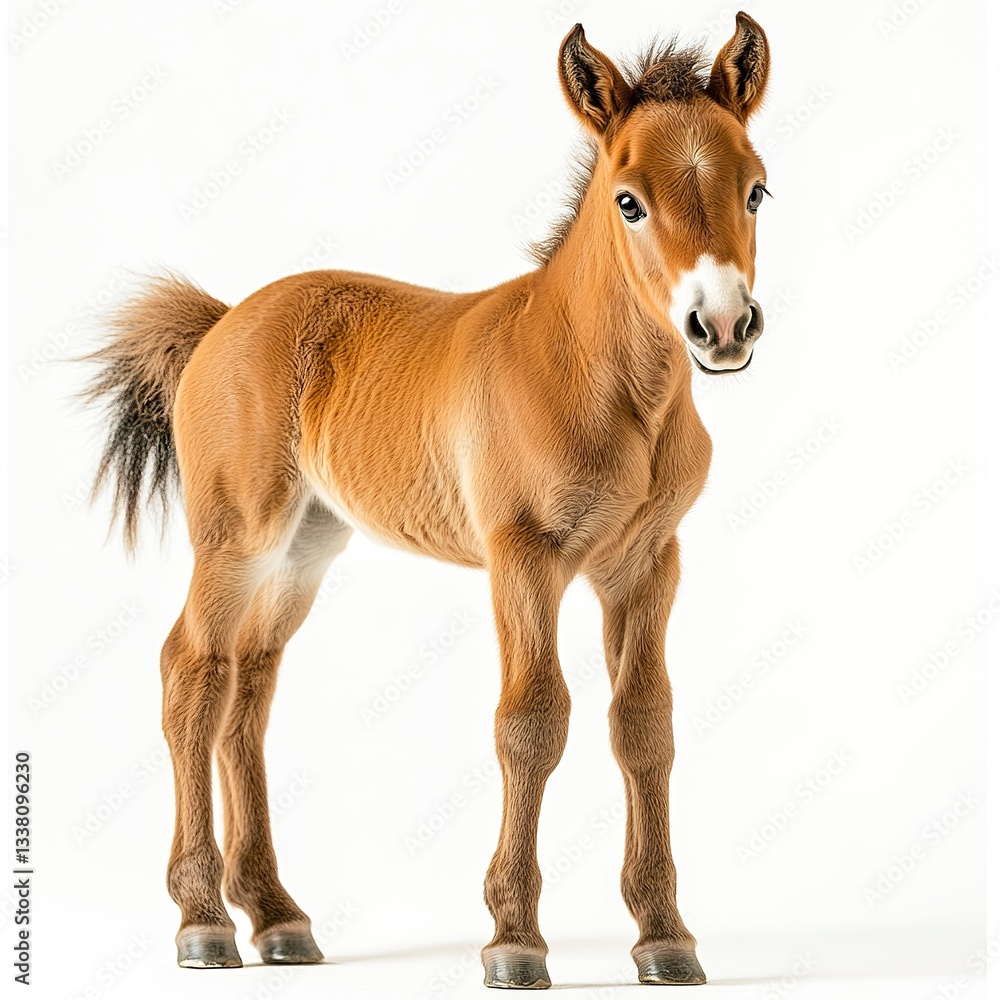 Obraz premium A young foal standing with perked ears, silky mane detailed, warm lighting, three-quarter angle, white backdrop. 