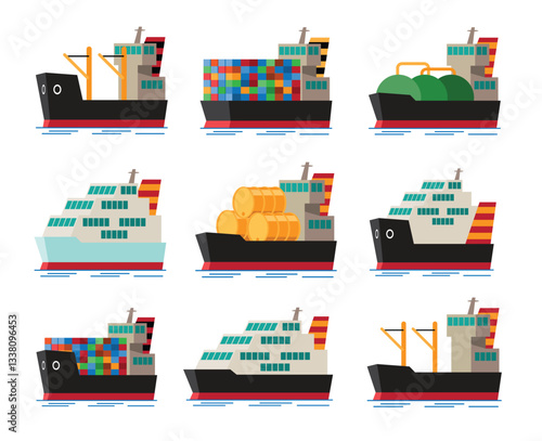 Set of Cargo and Freight Ships for Maritime Transport