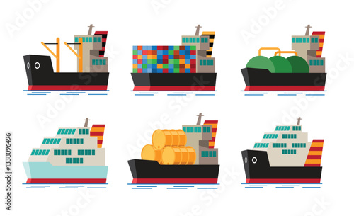 Set of Cargo and Freight Ships for Maritime Transport