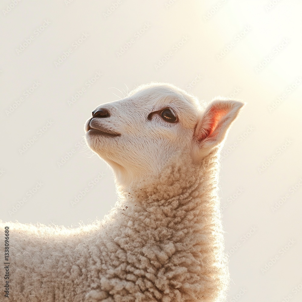 Fototapeta premium A young lamb looking upwards, soft fleece detailed, warm lighting, full-body shot, white backdrop.