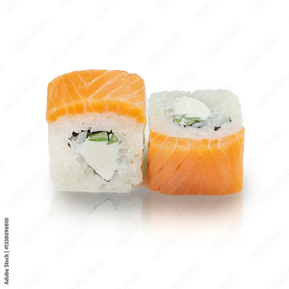 Japanese Philadelphia roll with salmon and cheese, on a white background, isolated. Japanese Philadelphia roll with salmon and cheese, on a white background, isolated.