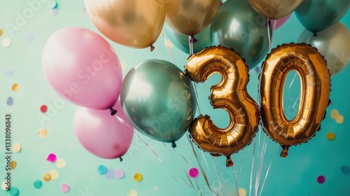 Colorful balloons with glittering confetti, festive 30th birthday celebration, party decorations, joyful atmosphere, milestone event, cheerful party vibes.