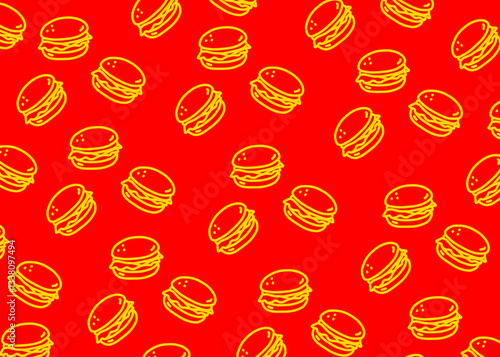 A hamburger illustration pattern with red background, food packaging, menu illustration hand drawn print ads, food business, restaurant