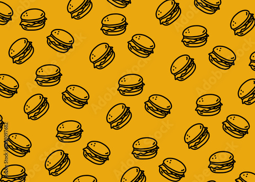 A hamburger illustration pattern with orange background, food packaging, menu illustration hand drawn print ads, food business, restaurant