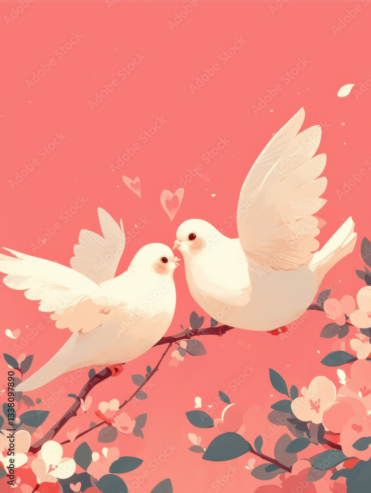 Charming little white doves in a romantic pink atmosphere with a cute artistic touch Charming little white doves in a romantic pink atmosphere with a cute artistic touch