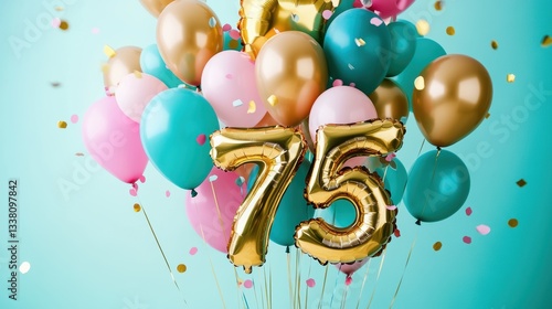 Colorful balloons floating, gold number 75, birthday celebration, festive decorations, party supplies, milestone events, joyful atmosphere, party planning.