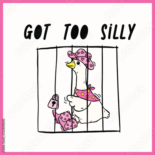 Cute Western Silly Goose in cage,Cowgirl Goose got too silly, Retro Cartoon Hand Drawn Meme illustration Design
