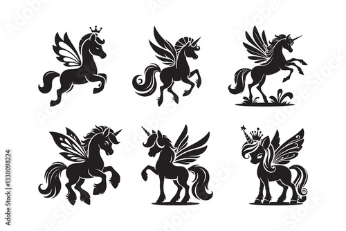 Set of cartoon style fairy horse Silhouette icon , isolated on a white background
