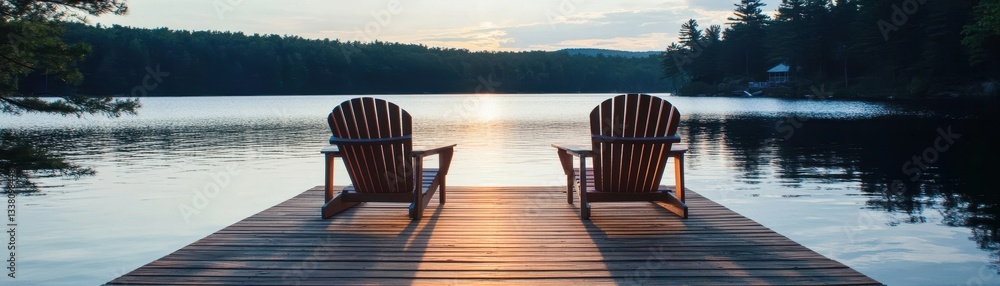 Tranquil lakeside dock with two empty Adirondack chairs, inviting relaxation and scenic views in nature's embrace. Tranquil lakeside dock with two empty Adirondack chairs, inviting relaxation and scenic views in nature's embrace.