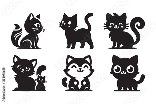 Set of cartoon style Cat Silhouette icon , isolated on a white background