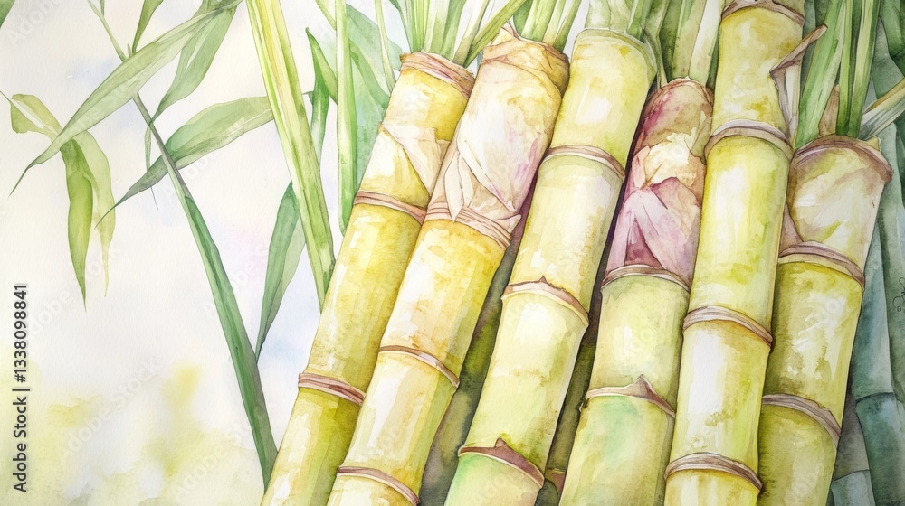 Fototapeta premium Sugar cane with leaves on grond. Bamboo. Hand drawn watercolor illustration isolate. Fresh sweet ripe stem for sugar production. Ingredient for rum, alcoholic drink. Clipart for food industry, textile