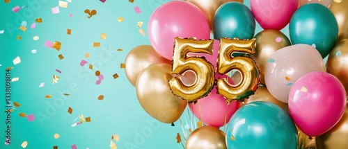 Colorful balloons and golden 55 birthday candles, festive celebration backdrop, joyful party theme, confetti, vibrant decor for anniversaries and milestones.