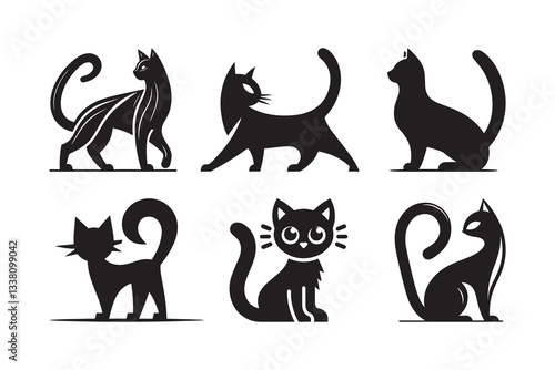Set of cartoon style Cat Silhouette icon , isolated on a white background