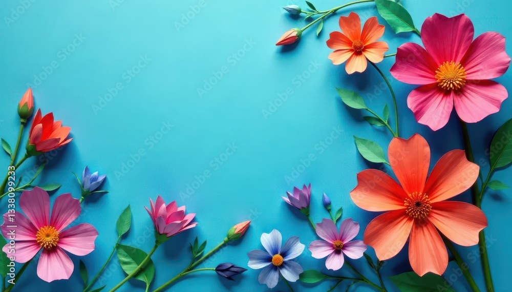 Vibrant paper flowers, blue background Craft, artistry, copy space , summer, craft project Vibrant paper flowers, blue background Craft, artistry, copy space , summer, craft project