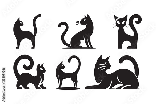 Set of cartoon style Cat Silhouette icon , isolated on a white background
