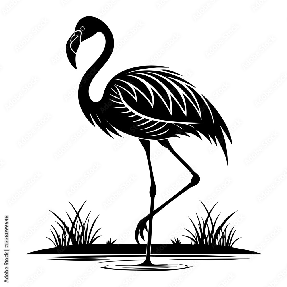 Fototapeta premium Flamingo illustration standing in water at sunset