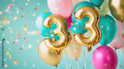 Celebration with colorful balloons and confetti, number 33 party theme, birthday party decor, festive atmosphere, joy, happiness, event planning ideas.