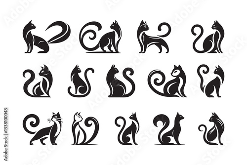 Set of cartoon style Cat Silhouette icon , isolated on a white background