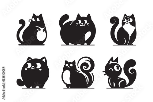 Set of cartoon style Cat Silhouette icon , isolated on a white background