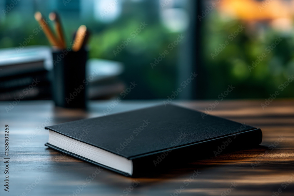 sleek black notebook rests wooden desk, surrounded by stationery, evoking sense of creativity sleek black notebook rests wooden desk, surrounded by stationery, evoking sense of creativity