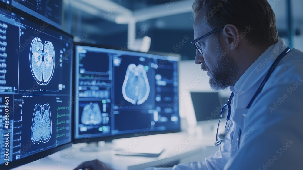 Doctor Analyzing Medical Imaging Data on Computer Screens in Lab Doctor Analyzing Medical Imaging Data on Computer Screens in Lab