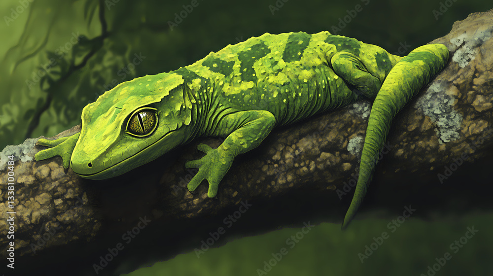Naklejka premium Vibrant green lizard perched on a natural wooden branch
