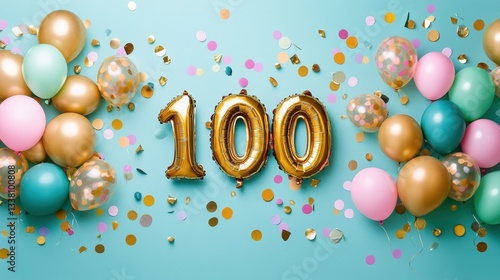 Celebration of 100th birthday, festive balloons in gold, pink, and blue, confetti scattered, party decorations, joyful moment, birthday party theme.