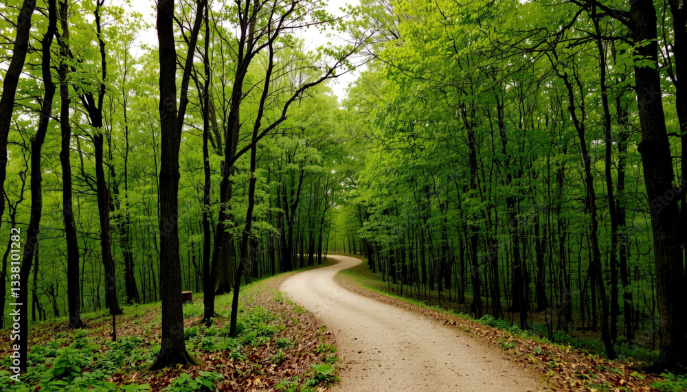 winding path through lush green forest, surrounded by tall trees and vibrant foliage, invites exploration and tranquility winding path through lush green forest, surrounded by tall trees and vibrant foliage, invites exploration and tranquility