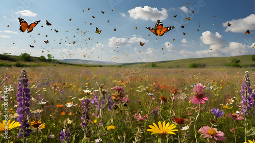 field of flowers, A vast open field covered in colorful wildflowers with butterflies and bees hovering around