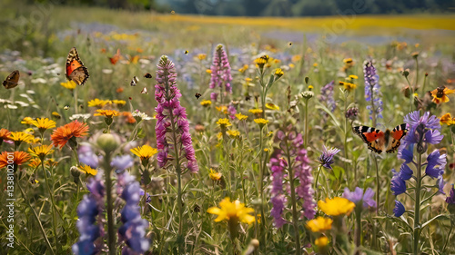 field of flowers, A vast open field covered in colorful wildflowers with butterflies and bees hovering around