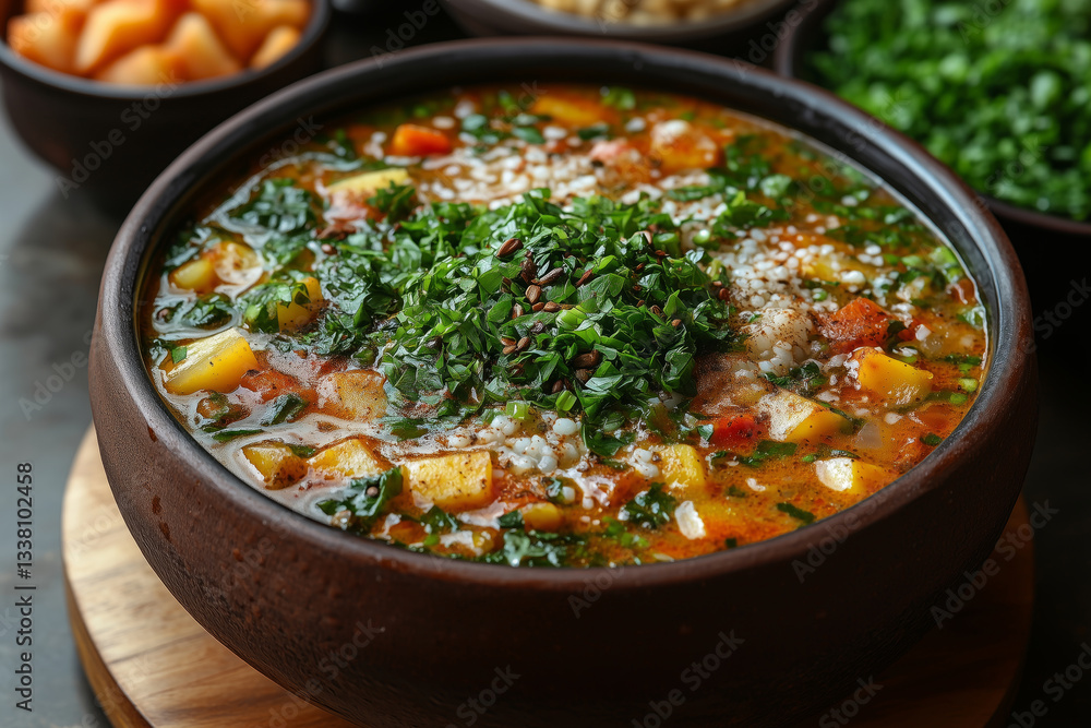 a Nigerian dish of egusi soup with pounded yam, featuring vibrant greens and spiced melon seeds, served in a traditional clay bowl with warm, inviting light a Nigerian dish of egusi soup with pounded yam, featuring vibrant greens and spiced melon seeds, served in a traditional clay bowl with warm, inviting light