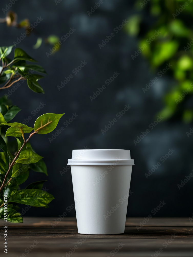 white disposable cup surrounded by green leaves, creating fresh and natural atmosphere white disposable cup surrounded by green leaves, creating fresh and natural atmosphere