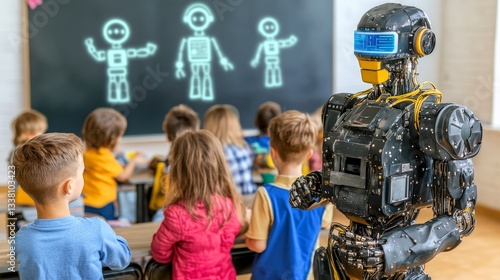 Robot teacher in classroom with children