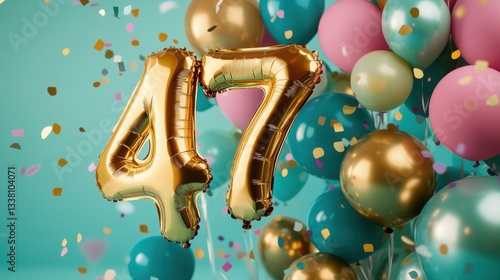 Wallpaper Mural Balloon arrangement with gold number 47, festive celebration, birthday party decor, colorful balloons, confetti backdrop, special milestone, joyful atmosphere. Torontodigital.ca